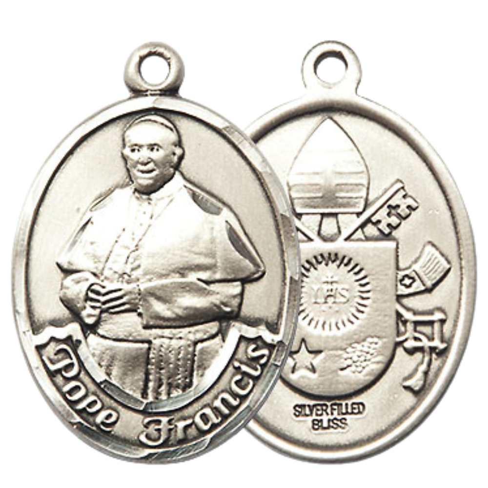 Everlasting Light Jewelry Women's Pewter Pope Francis Medal Pendant 1 x 3/4" with 18 Inch inchRhodium Plated Lite Curb Brass Chain Catholic Religious Necklace - Made in USA, Deluxe Velvet Gift Box