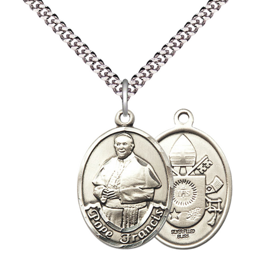 Everlasting Light Jewelry Men's Pewter Pope Francis Medal Pendant 1 x 3/4" on 24 Inch inchRhodium Plated Heavy Curb Chain Catholic Religious Necklace - Made in USA, Deluxe Velvet Gift Box