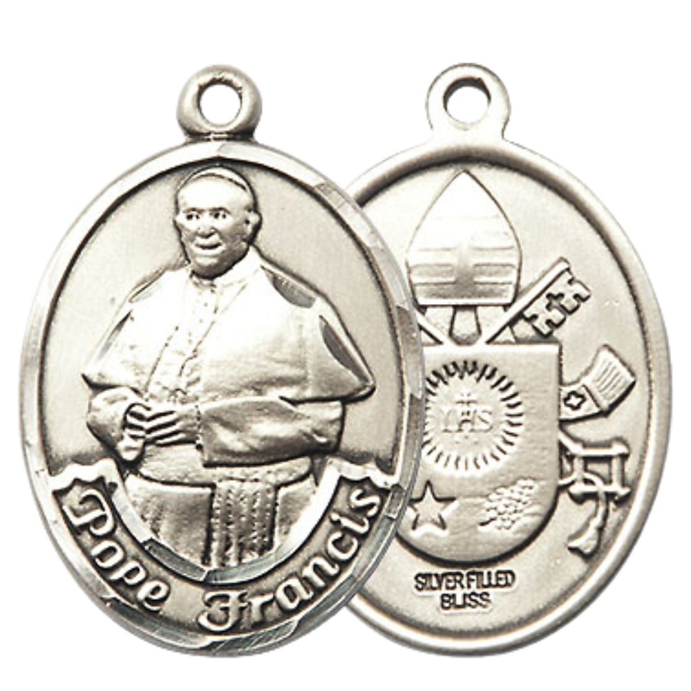 Everlasting Light Jewelry .925 Sterling Silver Pope Francis Medal Pendant on 24 Inch Endless Rhodium Plated Heavy Curb Brass Chain, Catholic Religious Necklace - Made in USA- Prayer Card Included