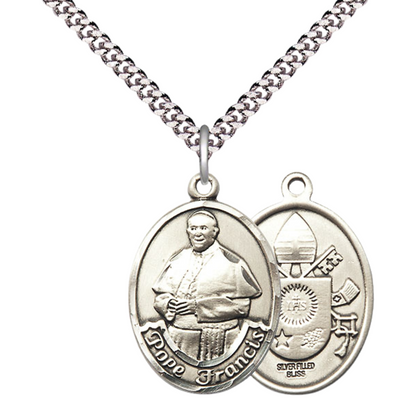 Everlasting Light Jewelry Men's .925 Sterling Silver Pope Francis Medal Pendant with 24 Inch Rhodium Plated Heavy Curb Chain Catholic Religious Necklace - Made in USA, Deluxe Velvet Gift Box