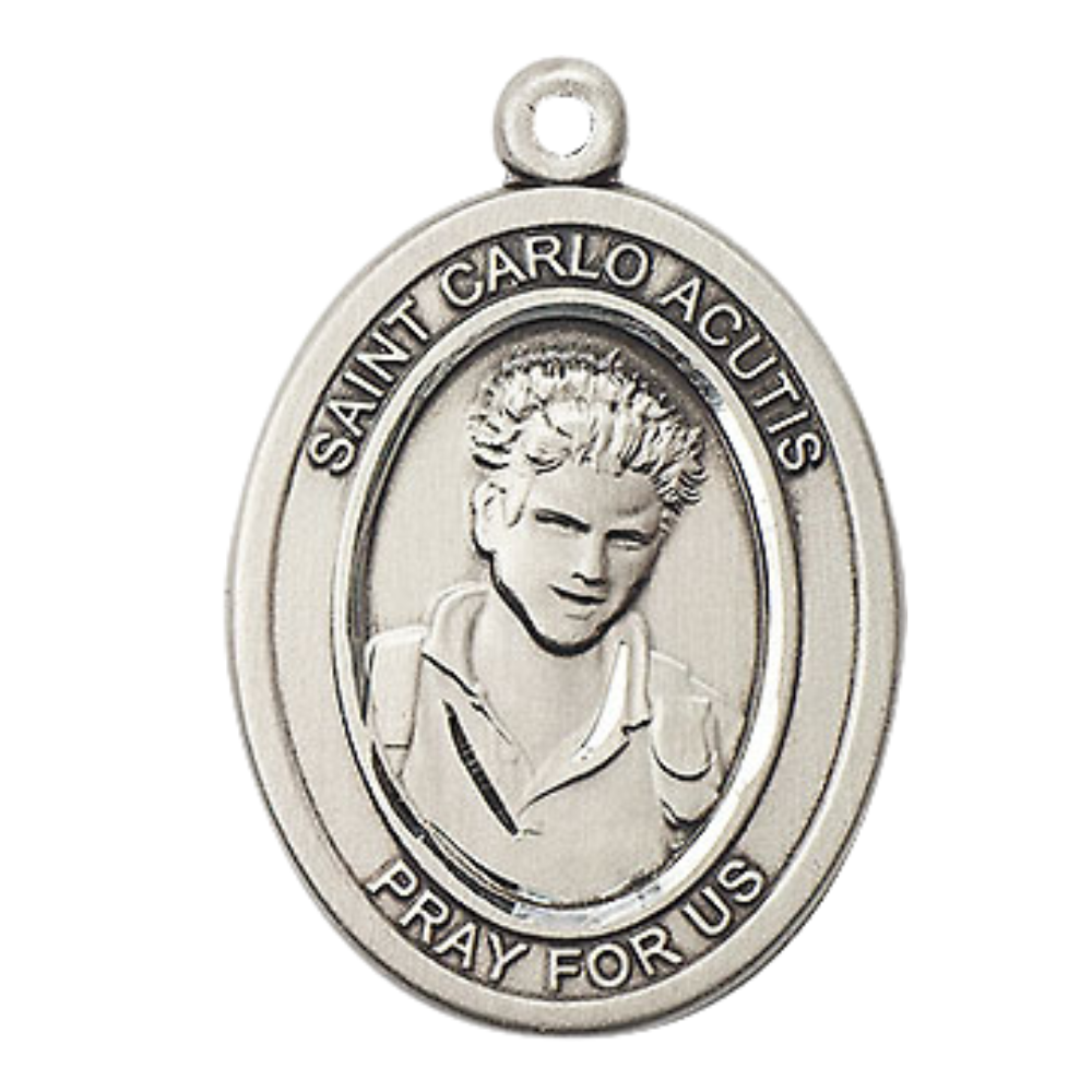 Women's .925 Sterling Silver Saint St. Carlo Acutis Oval Medal Pendant on 18 Inch Rhodium Plated Lite Curb Brass Chain Necklace– Patron Saint St. of Internet, Catholic Spiritual- Velvet Gift Box– Made in USA