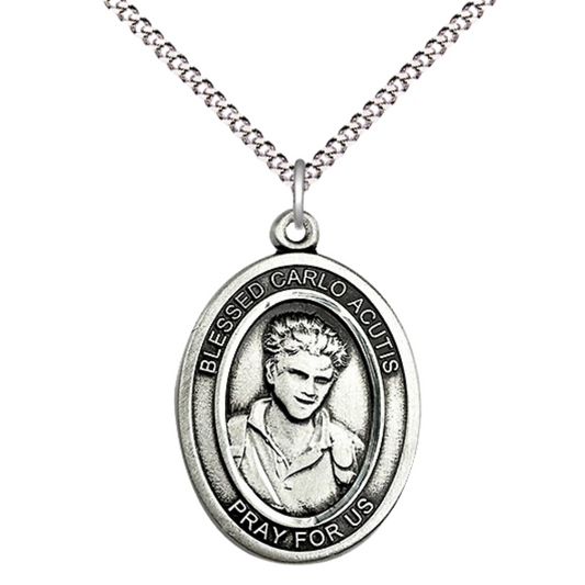 Saint St. Carlo Acutis Medal Necklace – Women's Pewter Pendant with 18- Inch Rhodium Plated Light Curb Chain – Patron Saint St. of the Internet & Youth, Catholic Medal – Velvet Gift Box Included– Made in USA