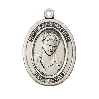 .925 Sterling Silver Saint St. Carlo Acutis Medal Pendant on 24 Inch Rhodium Plated Heavy Curb Brass Chain with Lobster Claw clasp, Catholic Religious Necklace - Made in USA- Deluxe Velvet Gift Box