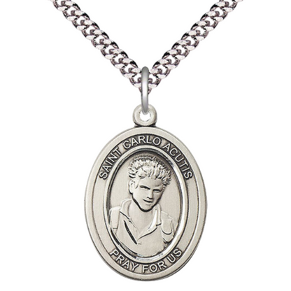 Everlasting Light Jewelry Pewter Saint St.Carlo Acutis Medal Pendant on 24" inch Rhodium Plated Heavy Curb Chain Necklace with Prayer Card –Patron of the Internet- Made in USA