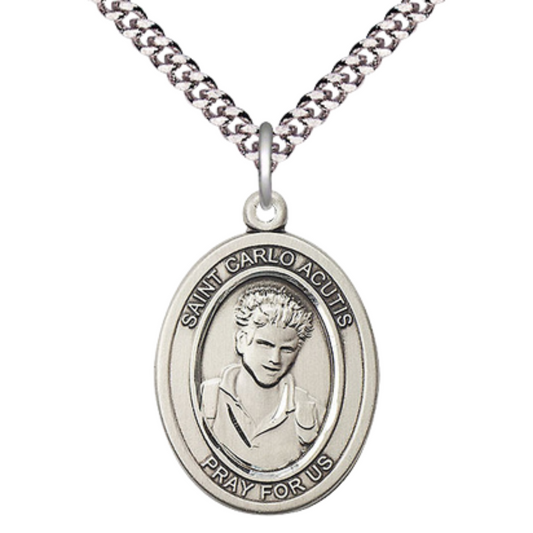 Saint St. Carlo Acutis Medal Necklace – Men's .925 Sterling Silver Pendant with 24Inch Light Rhodium Plated Heavy Curb Chain, Catholic Medal – Patron Saint St. of the Internet & Youth – Velvet Gift Box Included