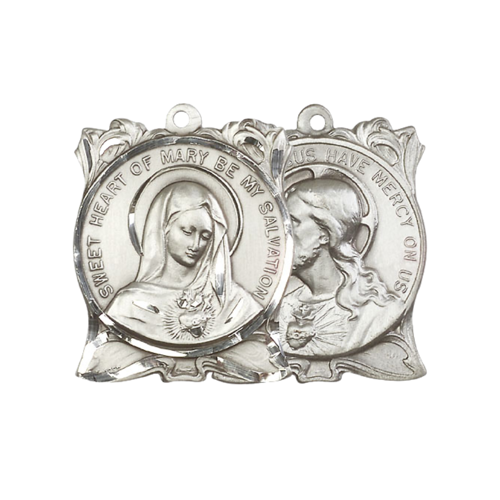 Men's .925 Sterling Silver Immaculate Heart of Mary Medal Pendant on 24 Inch Endless Rhodium Plated Heavy Curb Chain - Catholic Religious Necklace Made in USA, Deluxe Velvet Gift Box