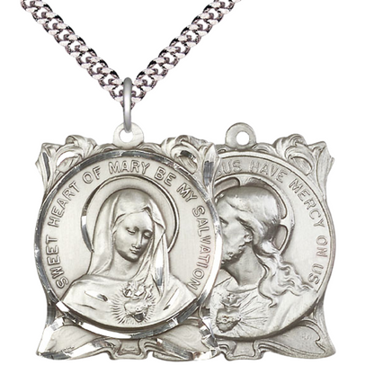 Men's .925 Sterling Silver Immaculate Heart of Mary Medal Pendant on 24 Inch Endless Rhodium Plated Heavy Curb Chain - Catholic Religious Necklace Made in USA, Deluxe Velvet Gift Box