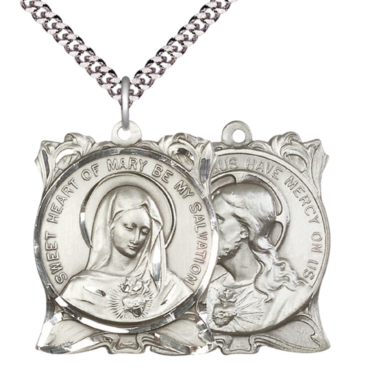 Men's .925 Sterling Silver Immaculate Heart of Mary Medal Pendant on 24 Inch Endless Rhodium Plated Heavy Curb Chain - Catholic Religious Necklace Made in USA, Deluxe Velvet Gift Box