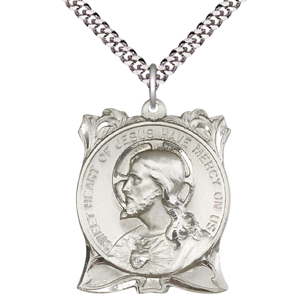 Men's .925 Sterling Silver Sacred Heart of Jesus Medal Pendant on 24 Inch Endless Rhodium Plated Heavy Curb Chain - Catholic Religious Necklace Made in USA, Deluxe Velvet Gift Box
