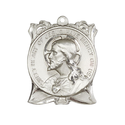 Men's .925 Sterling Silver Sacred Heart of Jesus Medal Pendant on 24 Inch Endless Rhodium Plated Heavy Curb Chain - Catholic Religious Necklace Made in USA, Deluxe Velvet Gift Box