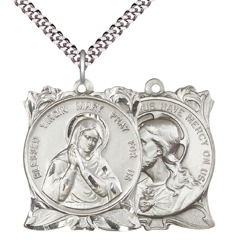 Men's .925 Sterling Silver Blessed Virgin Sacred Heart of Jesus Medal Pendant on 24 Inch Endless Rhodium Plated Heavy Curb Chain - Catholic Religious Necklace Made in USA, Deluxe Velvet Gift Box