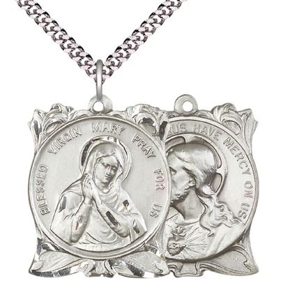 Men's .925 Sterling Silver Blessed Virgin Sacred Heart of Jesus Medal Pendant on 24 Inch Endless Rhodium Plated Heavy Curb Chain - Catholic Religious Necklace Made in USA, Deluxe Velvet Gift Box