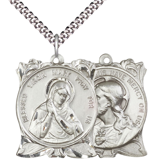 Men's .925 Sterling Silver Blessed Virgin Sacred Heart of Jesus Medal Pendant on 24 Inch Endless Rhodium Plated Heavy Curb Chain - Catholic Religious Necklace Made in USA, Deluxe Velvet Gift Box