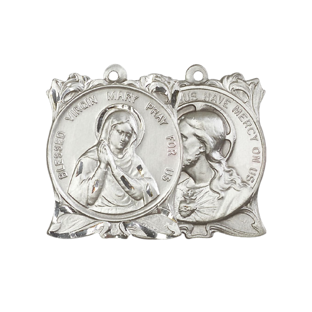 Men's .925 Sterling Silver Blessed Virgin Sacred Heart of Jesus Medal Pendant on 24 Inch Endless Rhodium Plated Heavy Curb Chain - Catholic Religious Necklace Made in USA, Deluxe Velvet Gift Box
