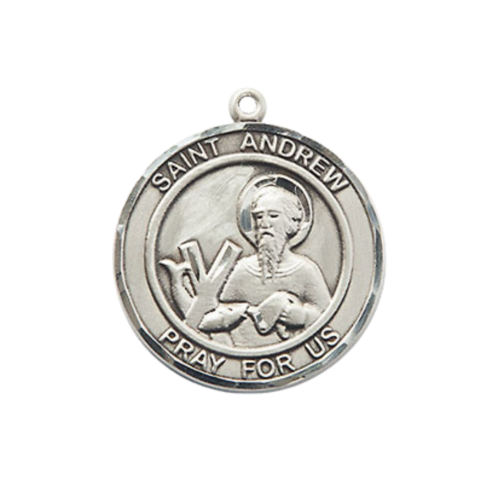 Medium Women's .925 Sterling Silver Saint St. Andrew the Apostle Pendant Necklace on 18 Inch Rhodium- Plated Lite Curb Brass Chain – Patron Saint St. of Fishermen & Scotland – ¾" x 5/8" Medal, Catholic Medal – Velvet Gift Box Included