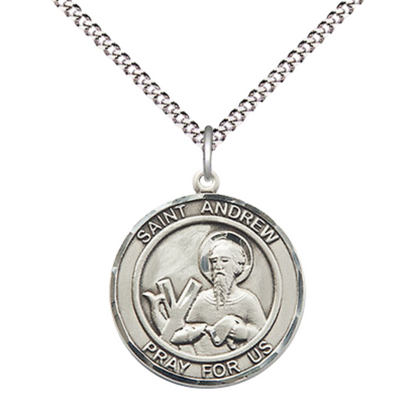 Medium Women's .925 Sterling Silver Saint St. Andrew the Apostle Pendant Necklace on 18 Inch Rhodium- Plated Lite Curb Brass Chain – Patron Saint St. of Fishermen & Scotland – ¾" x 5/8" Medal, Catholic Medal – Velvet Gift Box Included