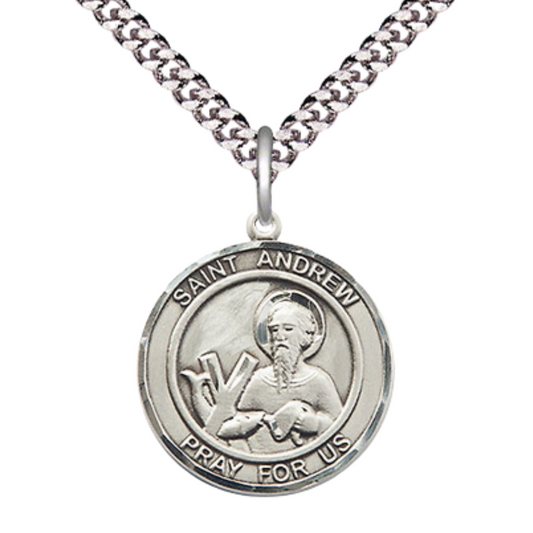 Medium Men's Pewter Saint Andrew the Apostle Medal Pendant on 24 Inch Endless Rhodium Plated Heavy Curb Brass Chain, Catholic Religious Necklace - Made in USA- Deluxe Velvet Gift Box