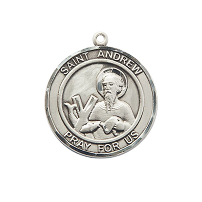 Mens Medium Round Pewter Saint Andrew the Apostle Medal Pendant on 24" Rhodium Plated Heavy Curb Brass Chain w/ Lobster Claw Clasp, Catholic Religious Necklace -Made in USA- Velvet Gift Box