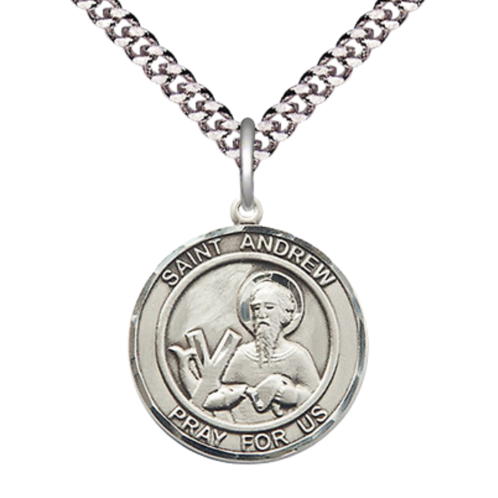 Medium Men's .925 Sterling Silver Saint St. Andrew the Apostle Medal Pendant on 24 Inch Endless Rhodium Plated Heavy Curb Brass Chain, Catholic Religious Necklace - Made in USA- Deluxe Velvet Gift Box