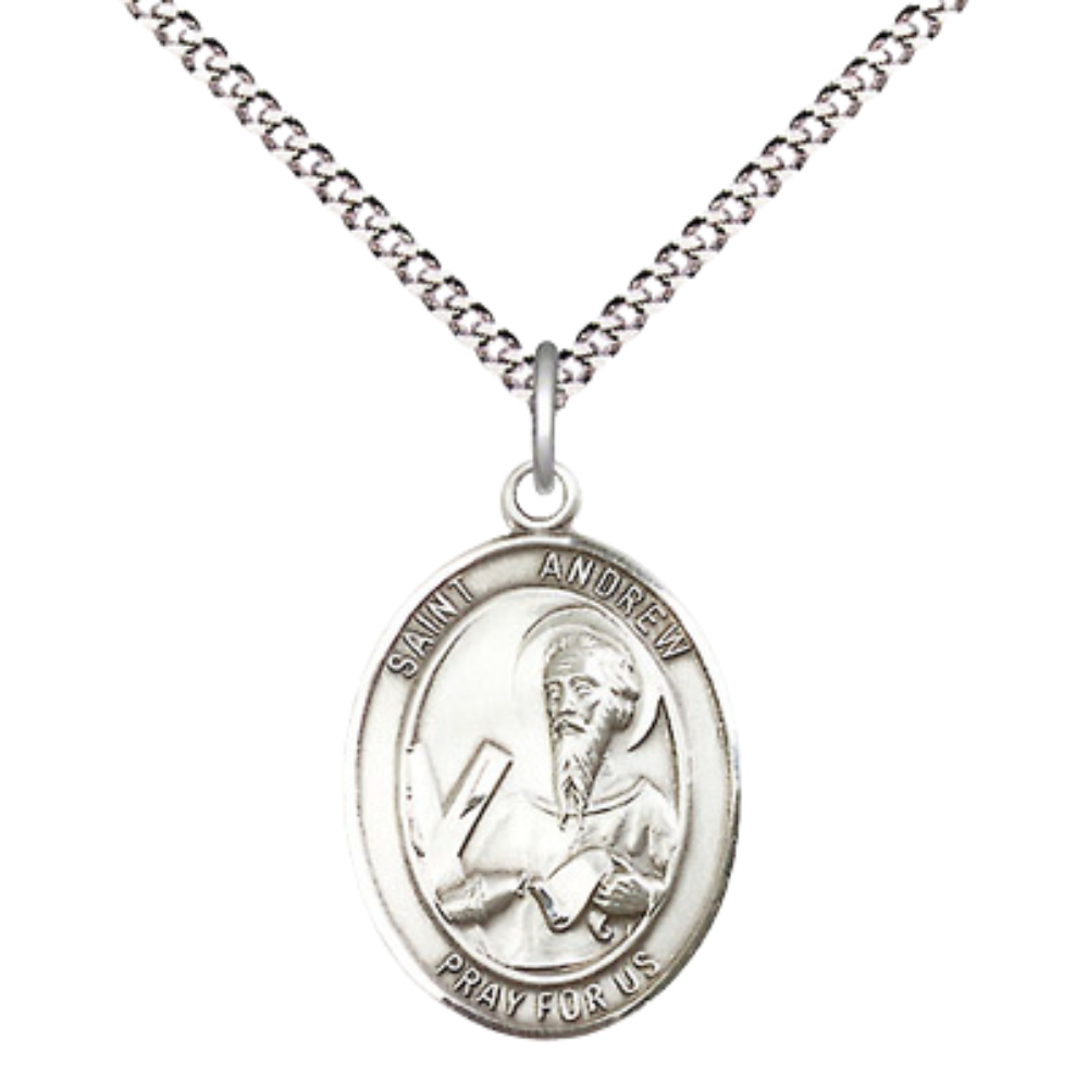 Women's Pewter Saint St. Andrew the Apostle Pendant Necklace – ¾” x ½” Medal on 18 Inch Rhodium- Plated Lite Curb Brass Chain with Lobster Claw Clasp, Catholic Medal - Patron Saint. of Fishermen/Scotland – Velvet Gift Box