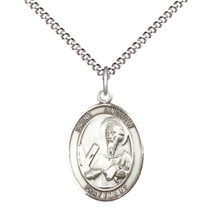 Medium Women's Sterling Silver Saint Andrew the Apostle Pendant Necklace on 18" Rhodium Plated Lite Curb Brass Chain – Patron Saint of Fishermen & Scotland – ¾" x ½" Medal – Velvet Gift Box Included