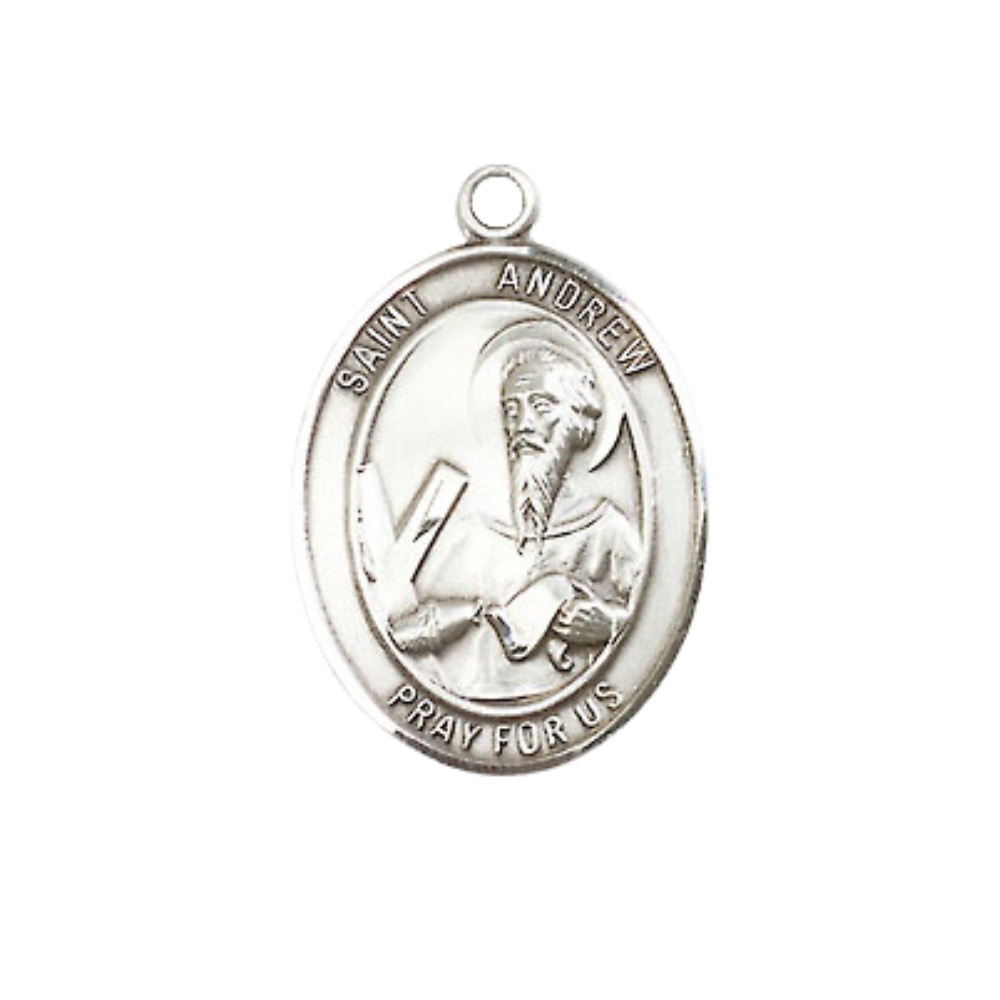 Medium Mens .925 Sterling Silver Saint St. Andrew the Apostle Medal Pendant on 24 Inch Rhodium Plated Heavy Curb Brass Chain w/ Lobster Claw Clasp, Catholic Religious Necklace - Made in USA- Velvet Gift Box
