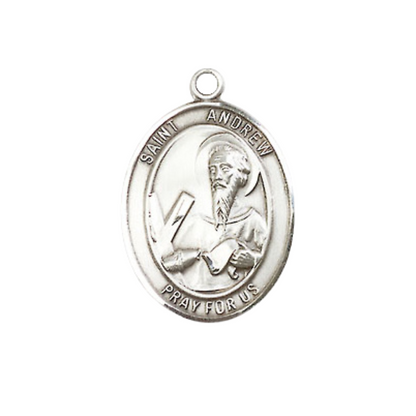 Medium Men's .925 Sterling Silver Saint St. Andrew the Apostle Medal Pendant on 24 Inch Endless Rhodium Plated Heavy Curb Brass Chain, Catholic Religious Necklace - Made in USA- Deluxe Velvet Gift Box