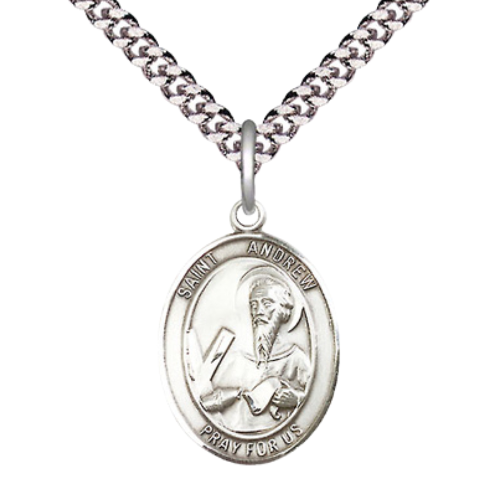 Medium Men's Pewter Saint Andrew the Apostle Medal Pendant on 24 Inch Endless Rhodium Plated Heavy Curb Brass Chain, Catholic Religious Necklace -Made in USA- Deluxe Velvet Gift Box