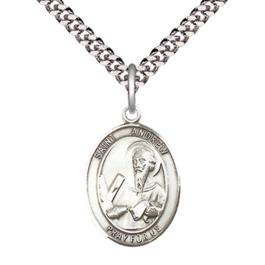 Medium Mens .925 Sterling Silver Saint St. Andrew the Apostle Medal Pendant on 24 Inch Rhodium Plated Heavy Curb Brass Chain w/ Lobster Claw Clasp, Catholic Religious Necklace - Made in USA- Velvet Gift Box