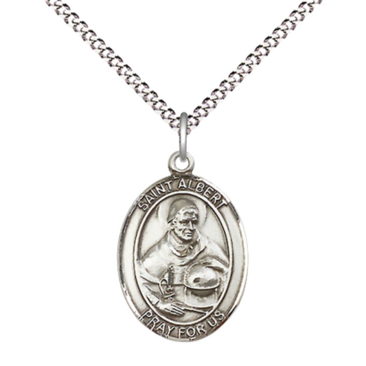 Medium Women's .925 Sterling Silver Saint St. Albert the Great Pendant Necklace on 18 Inch Rhodium Plated Lite Curb Brass Chain, Catholic Medal – Patron Saint St. of Scientists & Philosophers – ¾" x ½" Medal – Velvet Gift Box Included