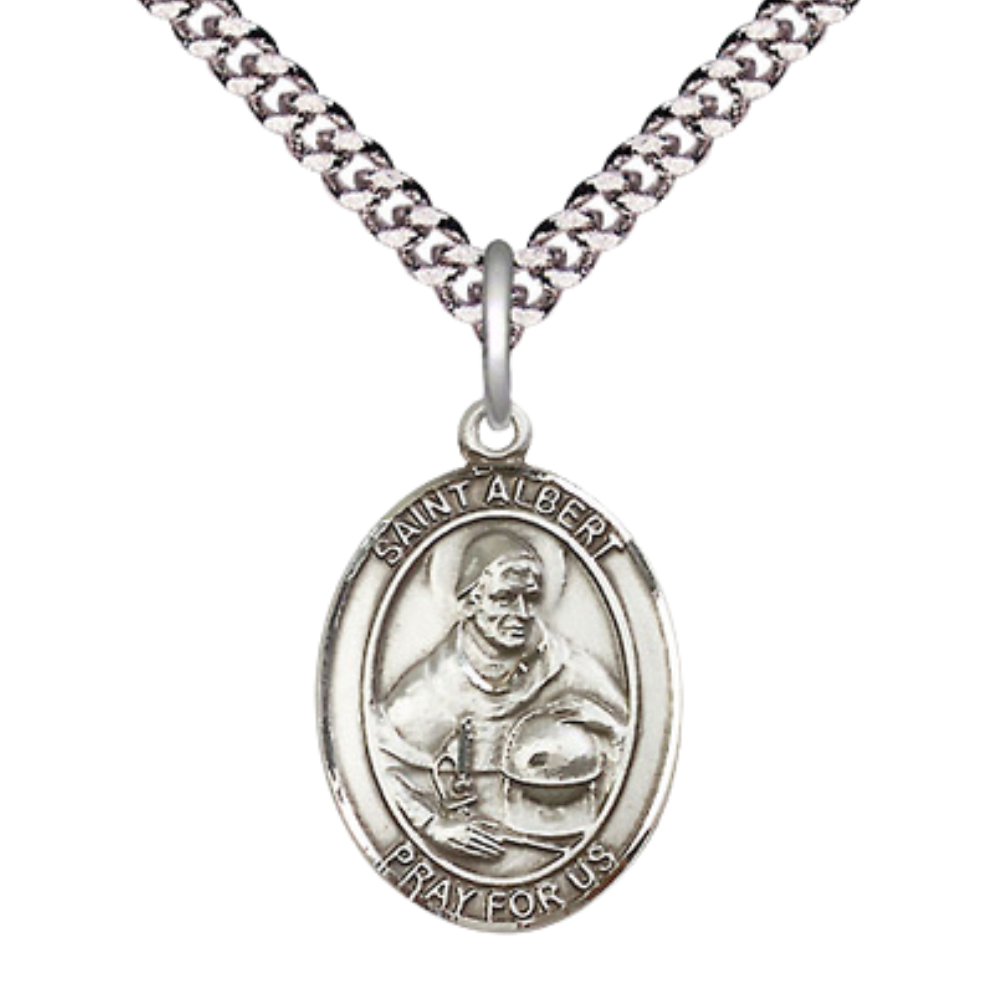 Medium Men's .925 Sterling Silver Saint St. Albert the Great Medal Pendant on 24 Inch Endless Rhodium Plated Heavy Curb Brass Chain, Catholic Religious Necklace - Made in USA- Deluxe Velvet Gift Box