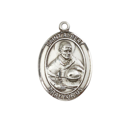 Medium Men's .925 Sterling Silver Saint St. Albert the Great Medal Pendant on 24 Inch Endless Rhodium Plated Heavy Curb Brass Chain, Catholic Religious Necklace - Made in USA- Deluxe Velvet Gift Box