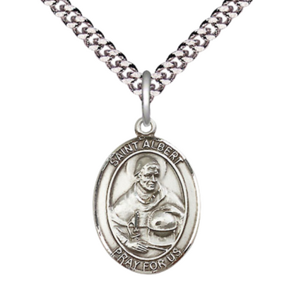 Medium Mens Oval .925 Sterling Silver Saint St. Albert the Great Medal Pendant on 24 Inch Rhodium Plated Heavy Curb Brass Chain w/ Lobster Claw Clasp, Catholic Religious Necklace- USA Made Velvet Gift Box