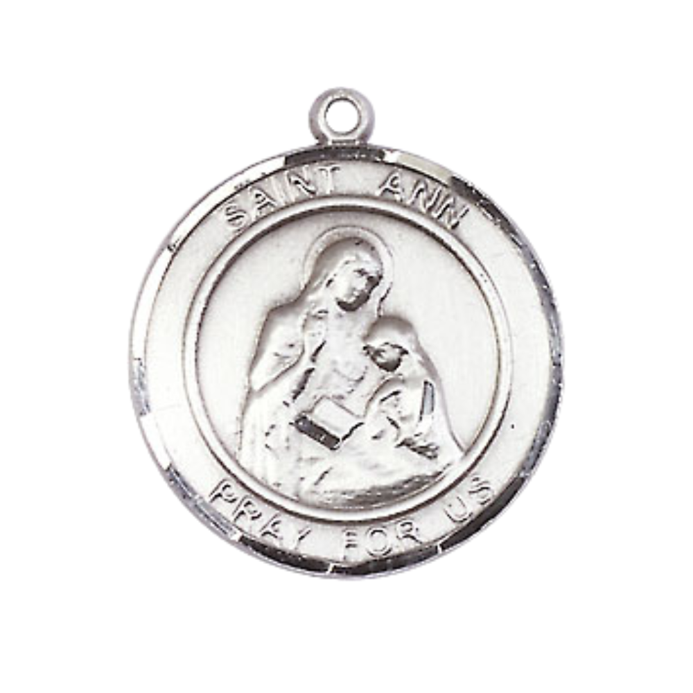 Everlasting Light Jewelry Medium Men's Pewter Saint St. Ann Medal Pendant on 24 Inch Endless Rhodium Plated Heavy Curb Brass Chain, Catholic Religious Necklace - Made in USA- Deluxe Velvet Gift Box