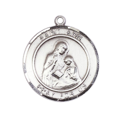 Everlasting Light Jewelry Medium Men's Pewter Saint St. Ann Medal Pendant on 24 Inch Endless Rhodium Plated Heavy Curb Brass Chain, Catholic Religious Necklace - Made in USA- Deluxe Velvet Gift Box