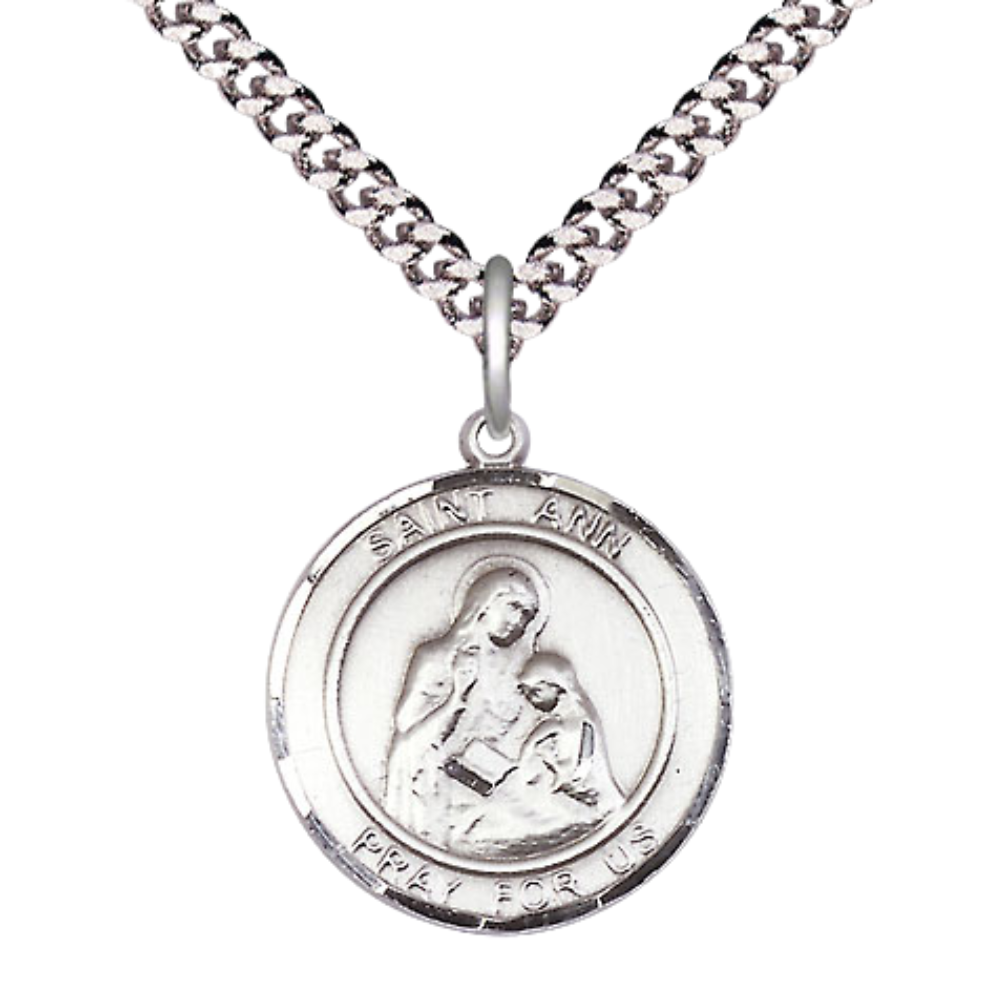 Everlasting Light Jewelry Medium Men's Pewter Saint St. Ann Medal Pendant on 24 Inch Endless Rhodium Plated Heavy Curb Brass Chain, Catholic Religious Necklace - Made in USA- Deluxe Velvet Gift Box