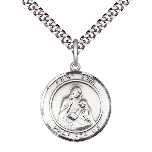 Everlasting Light Jewelry Medium Men's Pewter Saint St. Ann Medal Pendant on 24 Inch Endless Rhodium Plated Heavy Curb Brass Chain, Catholic Religious Necklace - Made in USA- Deluxe Velvet Gift Box