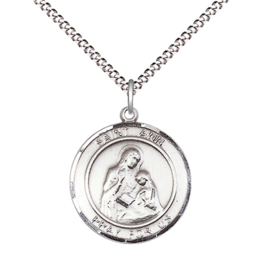 Medium Women's Pewter Saint Ann Medal Pendant on 18 Inch Rhodium Plated Lite Curb Brass Chain w/Lobster Claw clasp, Catholic Religious Necklace - Made in USA - Deluxe Velvet Gift Box