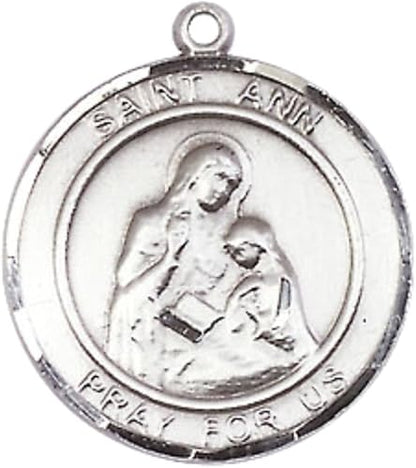 Mens Medium Round .925 Sterling Silver Saint St. Ann Medal Pendant on 24 Inch Rhodium Plated Heavy Curb Brass Chain with Lobster Claw Clasp, Catholic Religious Necklace- USA Made Velvet Gift Box