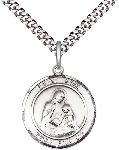 Mens Medium Round Pewter Saint Ann Medal Pendant on 24 Inch Rhodium Plated Heavy Curb Brass Chain with Lobster Claw Clasp, Catholic Religious Necklace -Made in USA- Deluxe Velvet Gift Box