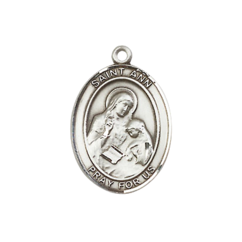 Women's Pewter Saint St. Ann Pendant Necklace – ¾” x ½” Medal on 18 Inch Rhodium- Plated Lite Curb Brass Chain with Lobster Claw Clasp, Catholic Medal - Patron Saint. of Housekeepers/Mothers – Velvet Gift Box