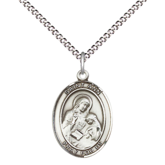 Women's Pewter Saint St. Ann Pendant Necklace – ¾” x ½” Medal on 18 Inch Rhodium- Plated Lite Curb Brass Chain with Lobster Claw Clasp, Catholic Medal - Patron Saint. of Housekeepers/Mothers – Velvet Gift Box