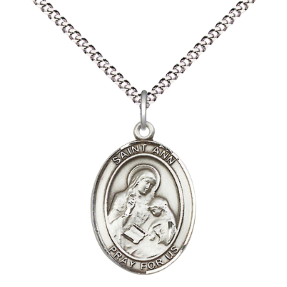 Medium Women's .925 Sterling Silver Saint St. Ann Pendant Necklace on 18 Inch Rhodium Plated Lite Curb Brass Chain – Patron Saint St. of Housekeepers & Mothers – ¾ x ½ Medal, Catholic Medal – Velvet Gift Box Included