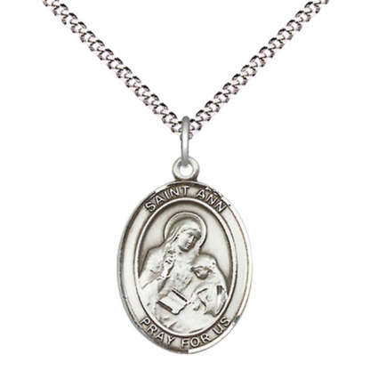 Medium Women's .925 Sterling Silver Saint St. Ann Pendant Necklace on 18 Inch Rhodium Plated Lite Curb Brass Chain – Patron Saint St. of Housekeepers & Mothers – ¾ x ½ Medal, Catholic Medal – Velvet Gift Box Included