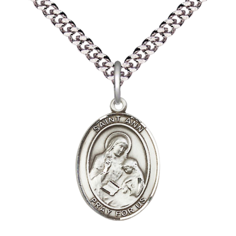 Everlasting Light Jewelry Medium Men's .925 Sterling Silver Saint St. Ann Medal Pendant on 24 Inch Endless Rhodium Plated Heavy Curb Brass Chain, Catholic Religious Necklace - Made in USA- Deluxe Velvet Gift Box