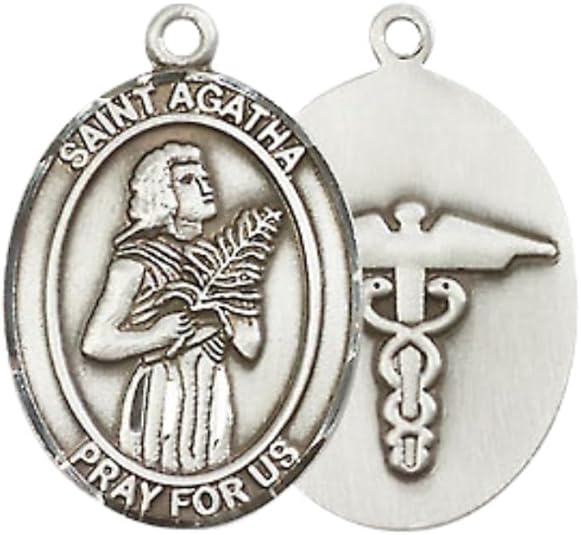 Everlasting Light Jewelry Medium Women's Pewter Saint St. Agatha Nurse Pendant Necklace on 18- inch Rhodium- Plated Lite Curb Brass Chain – Patron Saint St. of Nurses/Breast Cancer, Catholic Medal – Velvet Gift Box Included