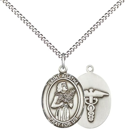 Everlasting Light Jewelry Medium Women's Pewter Saint St. Agatha Nurse Pendant Necklace on 18- inch Rhodium- Plated Lite Curb Brass Chain – Patron Saint St. of Nurses/Breast Cancer, Catholic Medal – Velvet Gift Box Included