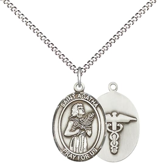 Everlasting Light Jewelry Medium Women's Pewter Saint St. Agatha Nurse Pendant Necklace on 18- inch Rhodium- Plated Lite Curb Brass Chain – Patron Saint St. of Nurses/Breast Cancer, Catholic Medal – Velvet Gift Box Included