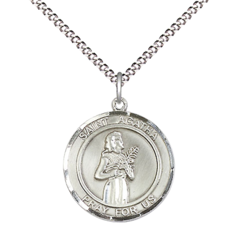 Medium Women's .925 Sterling Silver Saint St. Agatha Pendant Necklace – ¾” x ?” Medal on 18 Inch Rhodium- Plated Lite Curb Brass Chain with Lobster Clasp, Catholic Medal - Patron Saint. of Nurses & Breast Cancer – Velvet Gift Box