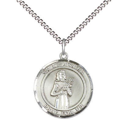 Medium Women's Pewter Saint St. Agatha Medal Pendant on 18 Inch Rhodium Plated Lite Curb Brass Chain w/Lobster Claw clasp, Catholic Religious Necklace - Made in USA - Deluxe Velvet Gift Box